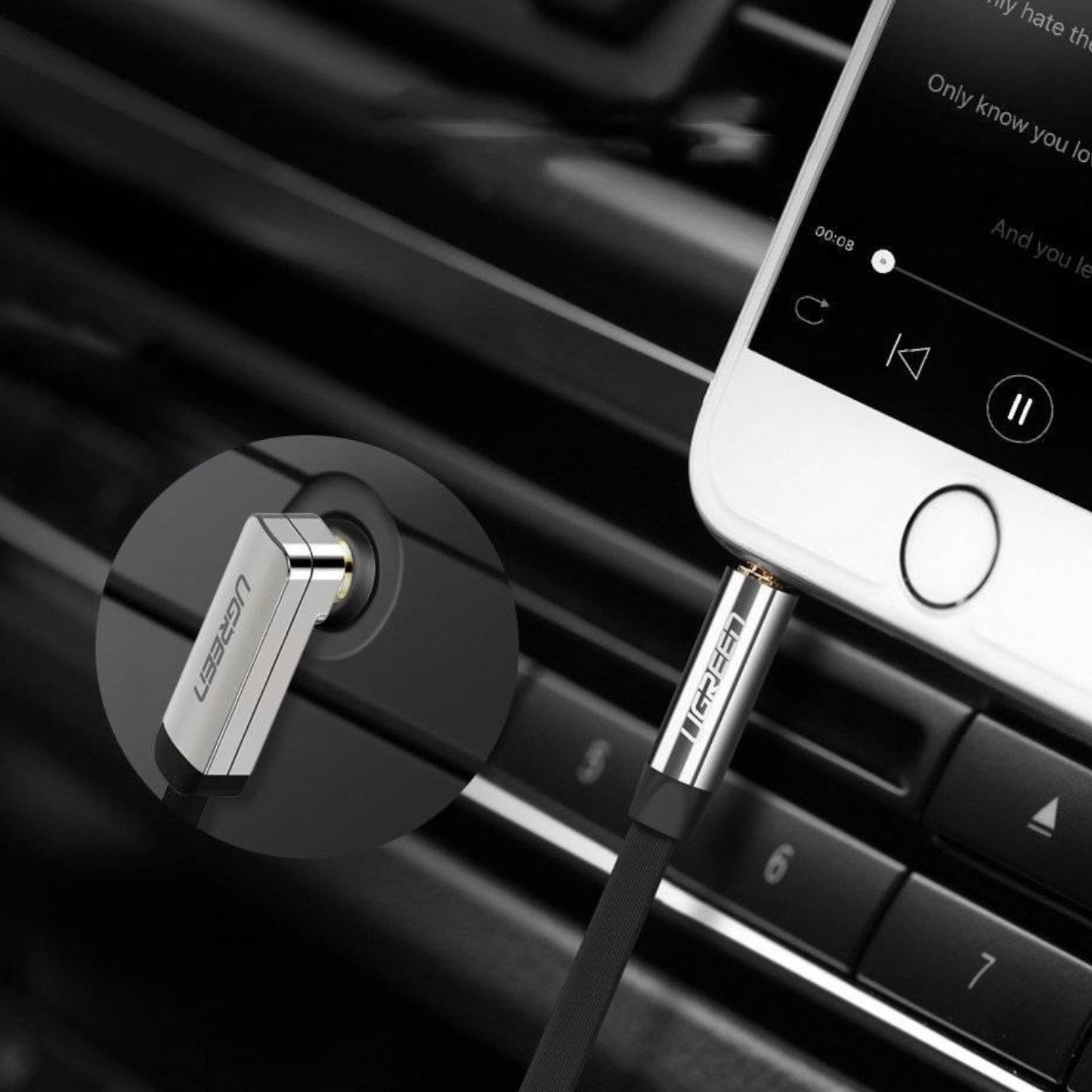 UGreen AV119 Right-angled 3.5mm Flat Aux Cable 2m - Black/Silver